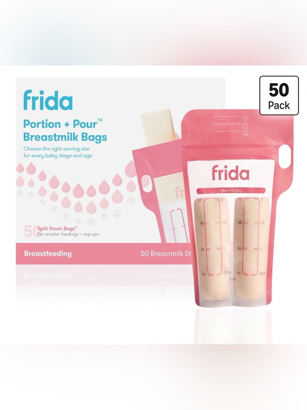NEW Frida Mom Portion + Pour Breastmilk Bags 50-Count Split Stash